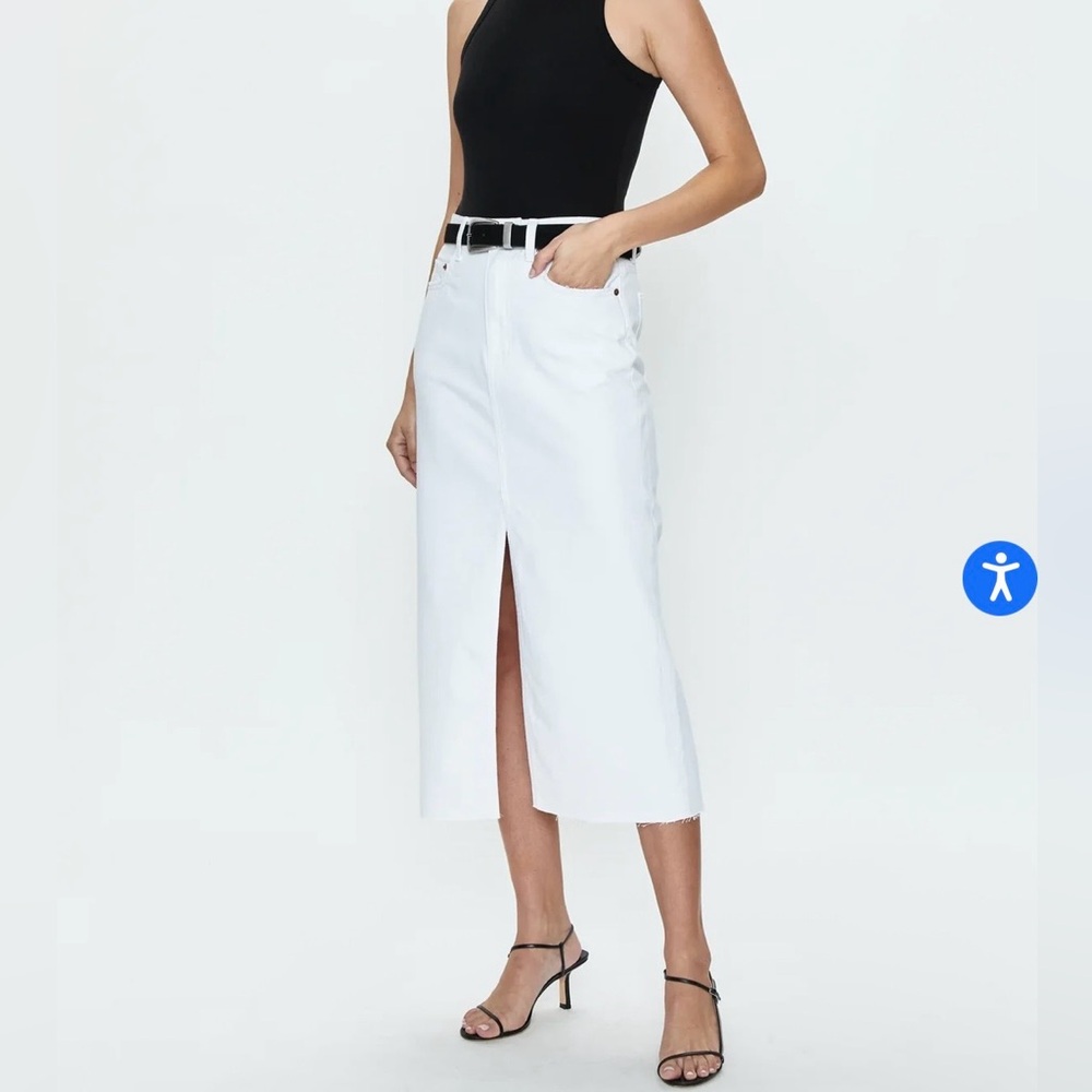 Pistola Alice Denim Midi Skirt 25 White High Rise Raw Hem Front Slit Cotton Zip
